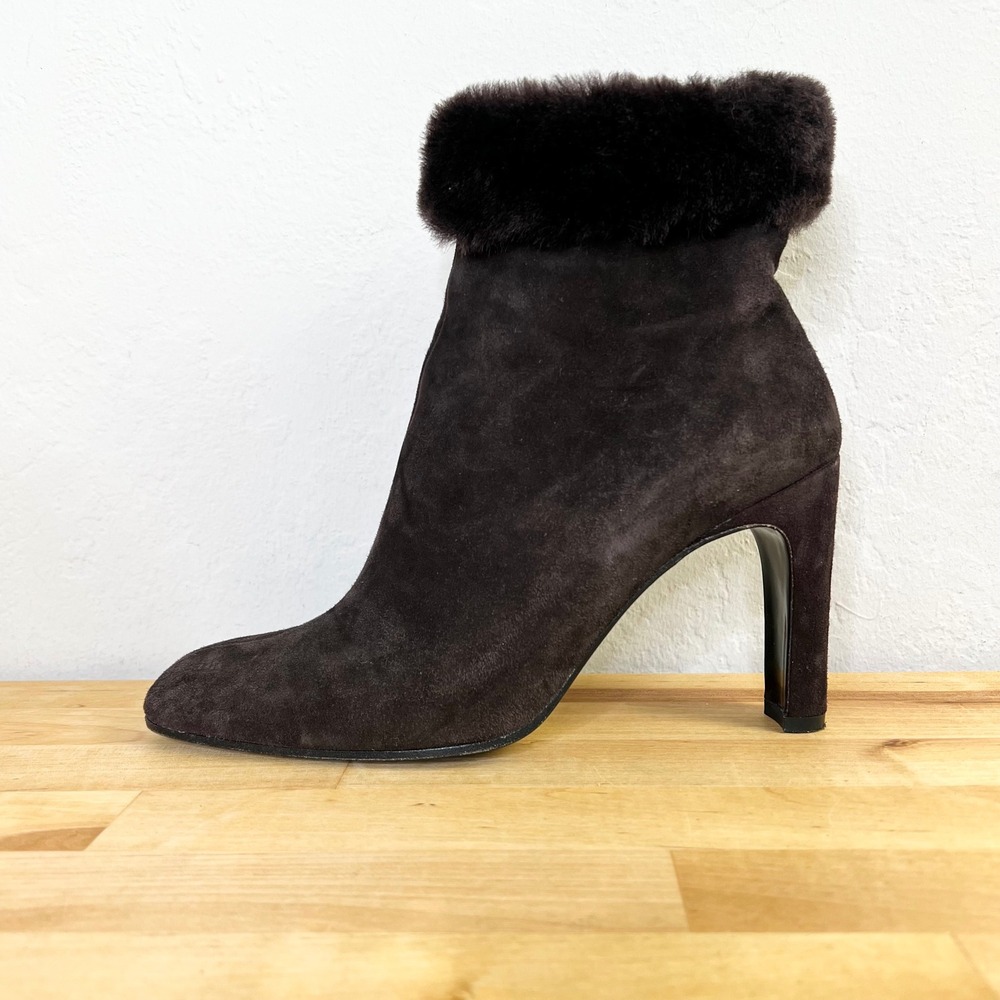 Robert Clergerie Barneys Dark Brown Suede Ankle Boots Fur Trim Stiletto Heel 7.5